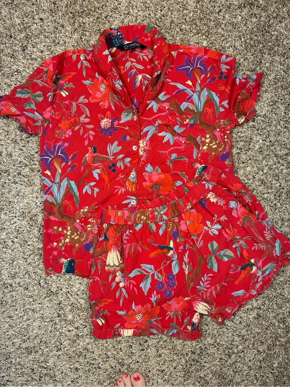 Sanskruti Homes 2 Piece Cotton Pajama Set Shorts Top Birds Branches Flowers